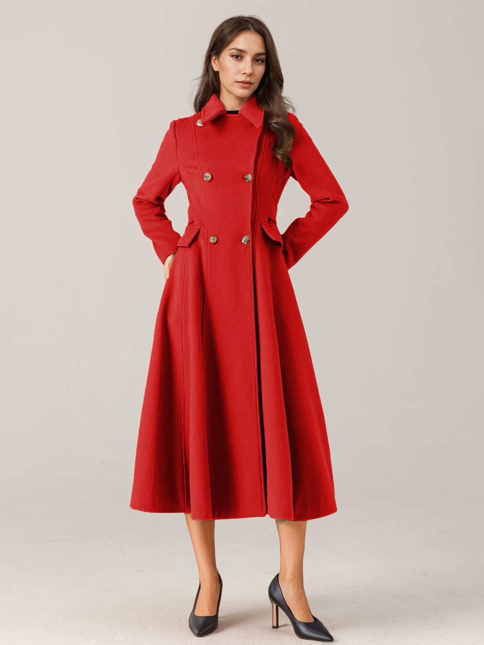 Flared Wool Blend Coat For Woman Red Turndown Collar Double-breasted Elegant 2026 Winter Outerwear