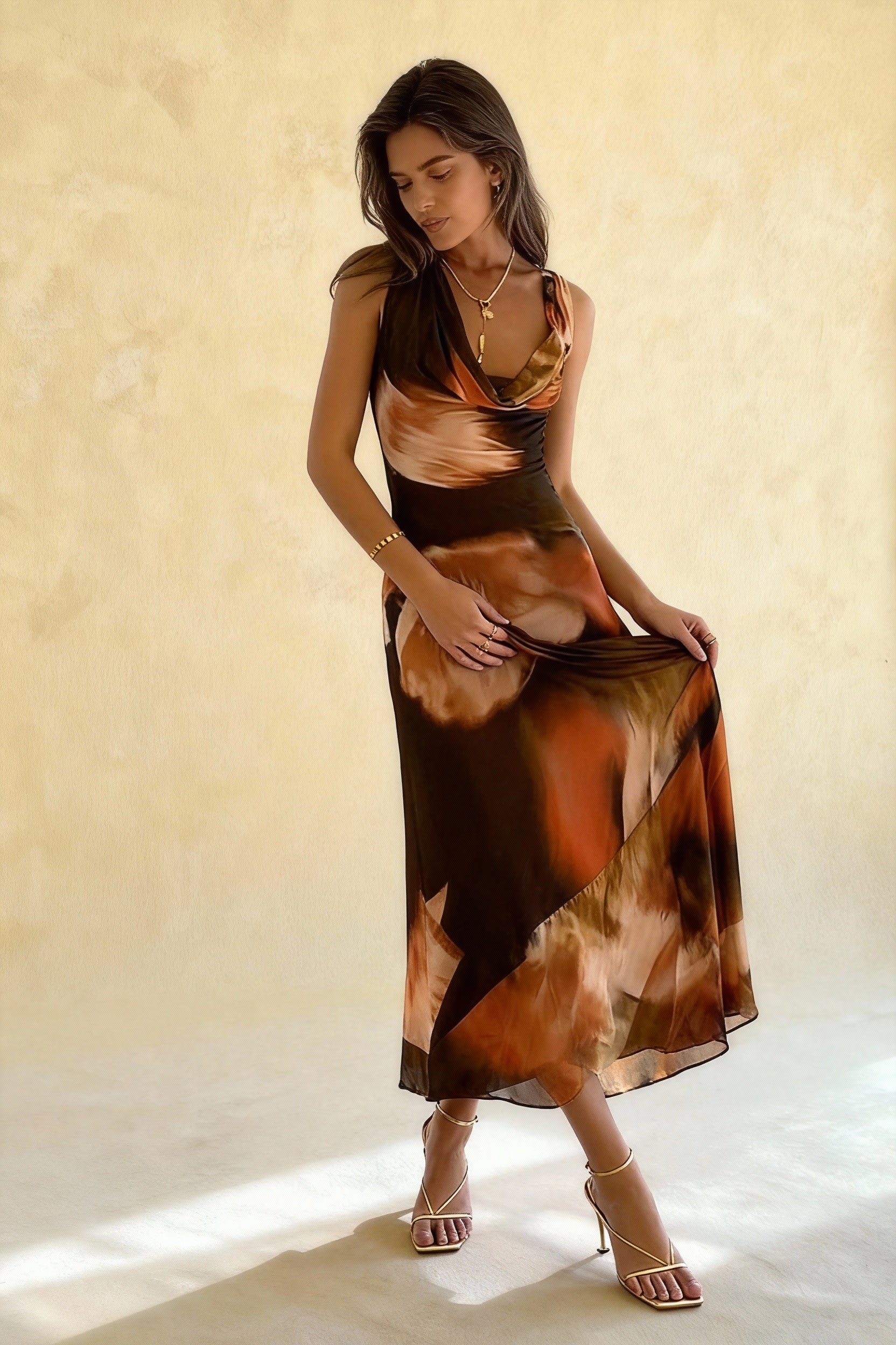 Abstract Print Cowl Neck Spaghetti Strap Pleated Midi Dress