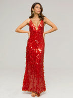 Sequin Maxi Dress In Red Deep V-neck Spaghetti Straps Sexy Formal Party Long Dress For Women 2026