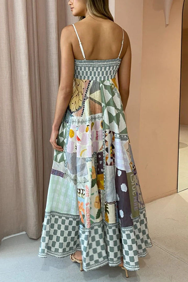 Gingham Trim Patchwork Graphic Print Square Neck Spaghetti Strap Maxi Dress