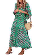 Puff Sleeve Tiered Geometric Print Boho Maxi Dress