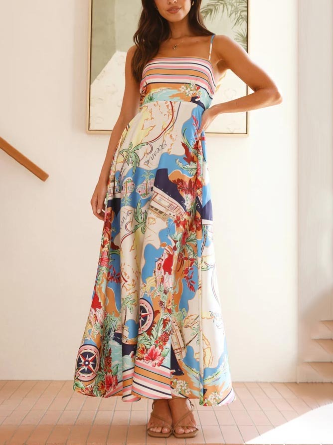 Nautical Map Print Spaghetti Strap Striped Border Maxi Dress
