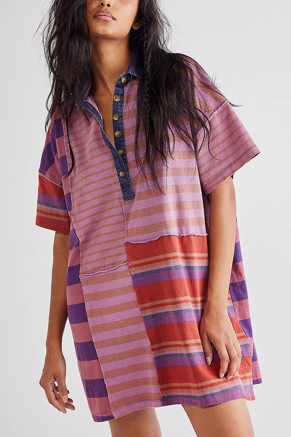 Denim Collar Striped Patchwork Polo Rugby Mini Dress