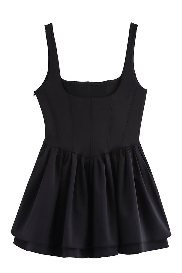 Velvet Square Neck Corset Seam Gathered Fit and Flare Mini Dress