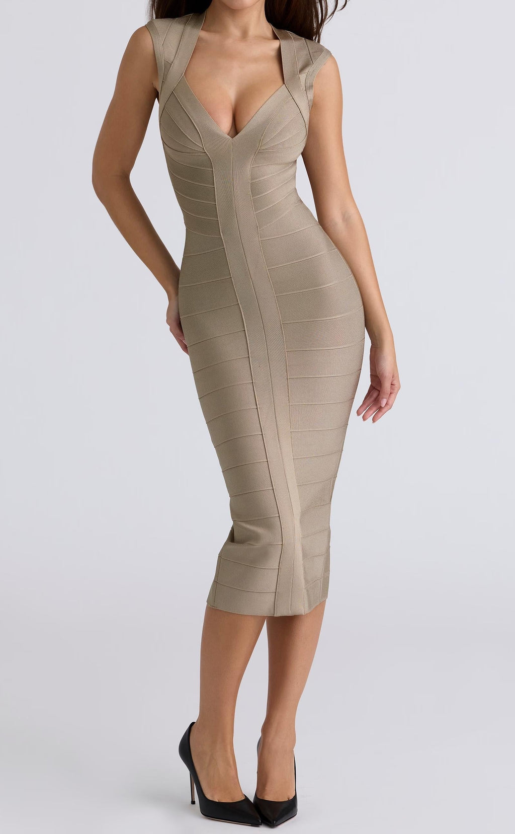 Deep V-Neck Cap Sleeve Ribbed Bandage Bodycon Mini Dress