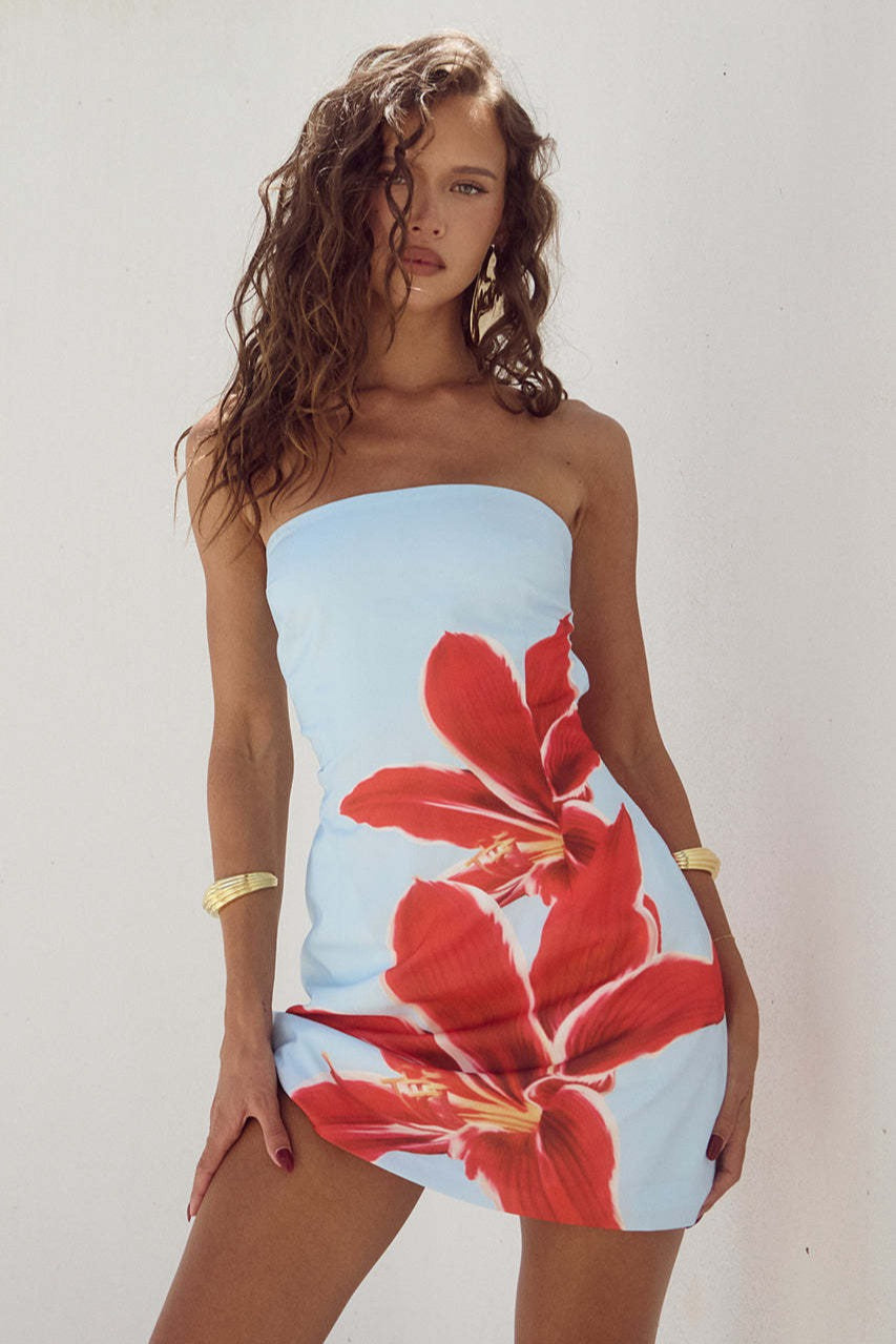 Strapless Floral Placement Print Tube Bodycon Mini Dress