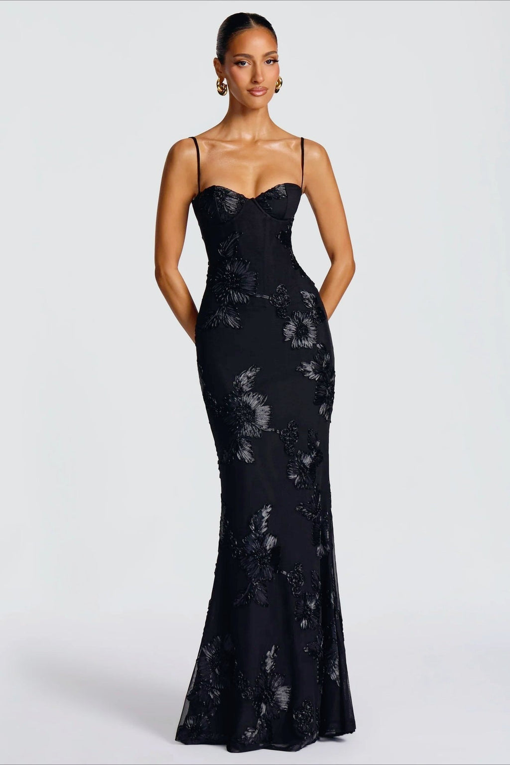 Strapless Bustier Floral Embroidered Mesh Mermaid Maxi Gown