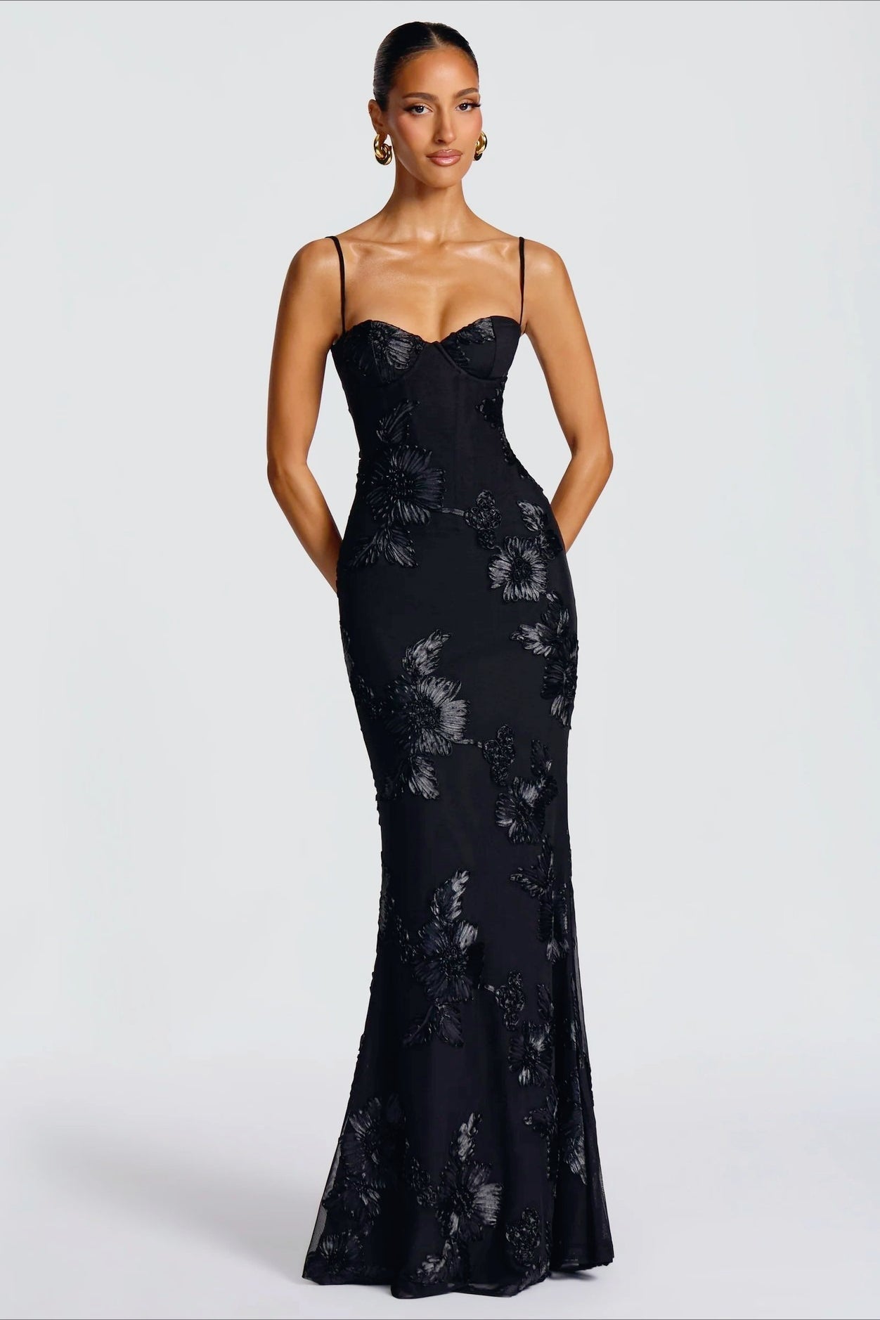 Strapless Bustier Floral Embroidered Mesh Mermaid Maxi Gown