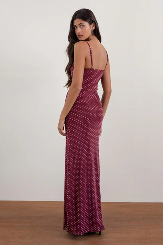 Burgundy Backless Polka Dot Cami Maxi Dress