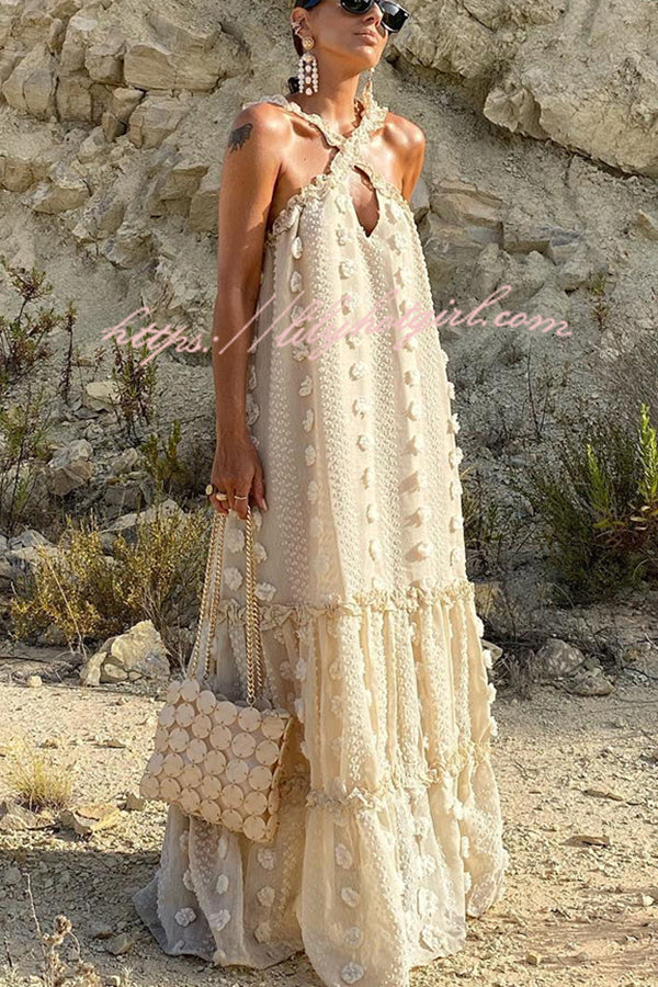 3D Floral Applique Halter Keyhole Tiered Maxi Dress