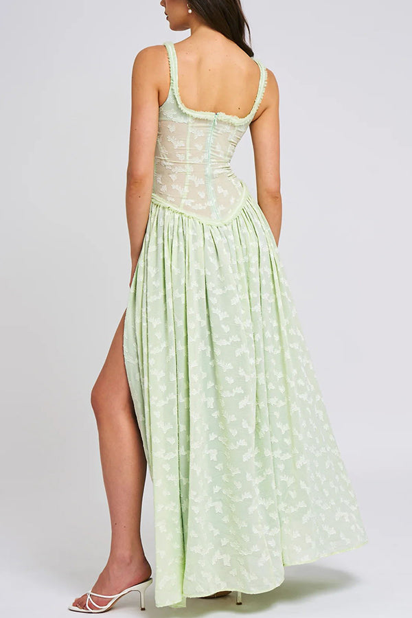 Floral Print Square Neck Corset Bodice High Split Flowy Maxi Dress
