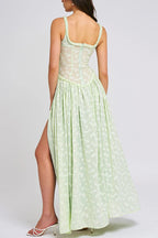 Floral Print Square Neck Corset Bodice High Split Flowy Maxi Dress