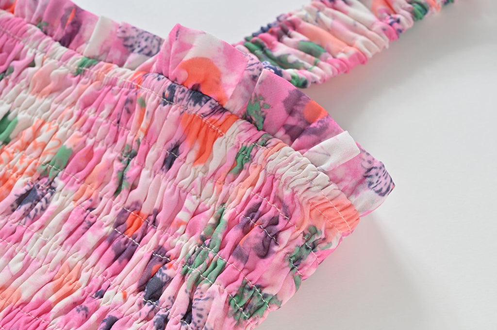 Square Neck Smocked Bodice Tiered Ruffle Floral Print Maxi Dress