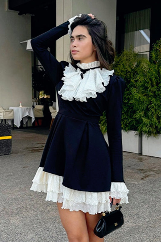 Ruffle Collar Jabot Bow Long Sleeve A-Line Mini Dress