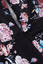 Contrast Collar Puff Sleeve Belted Ditsy Floral Print Midi Dress