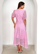 Lace Dress V-neck Puff Sleeve A-line Midi Dress For Women 2026