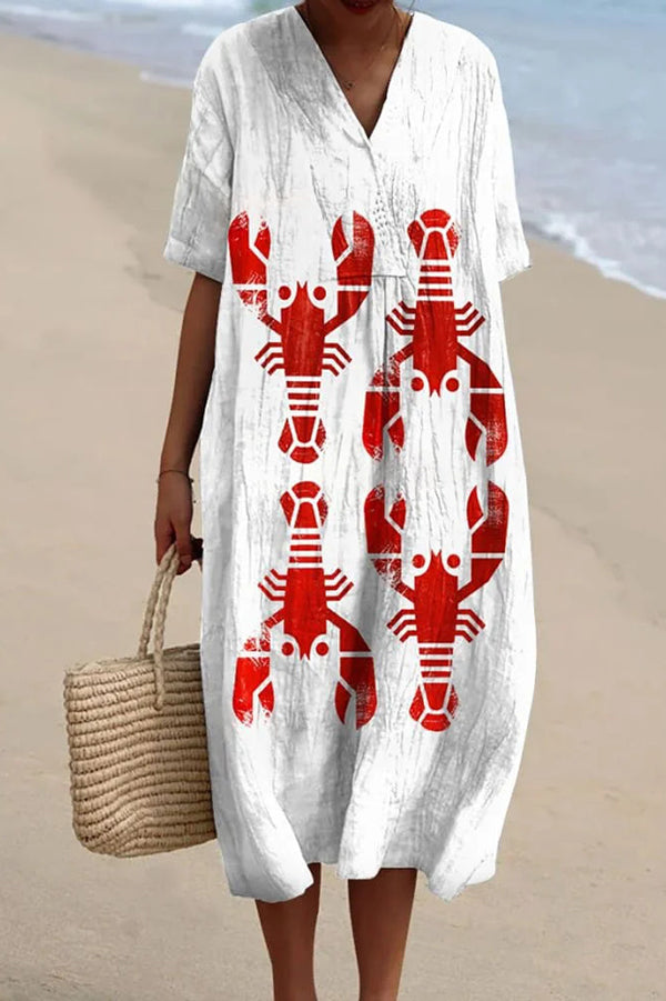 Lobster Graphic Oversized V-Neck Short Sleeve Linen Shift Midi Dress