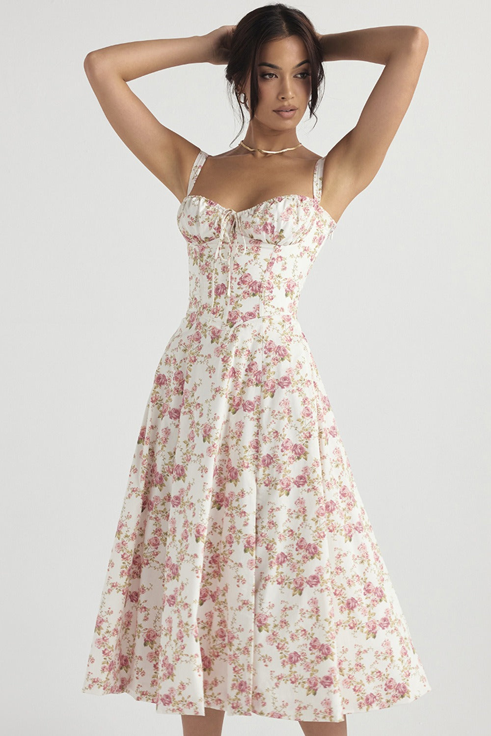 Floral Print Sweetheart Corset Bodice Wide Strap Fit and Flare Midi Dress