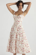 Floral Print Sweetheart Corset Bodice Wide Strap Fit and Flare Midi Dress