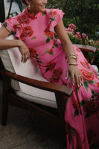 Elegant party cheongsam style rose print layered flared sleeve elastic long skirt