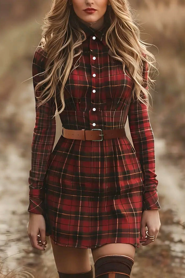 Plaid Print Lapel Long Sleeve Button-down Belt Mini Dress