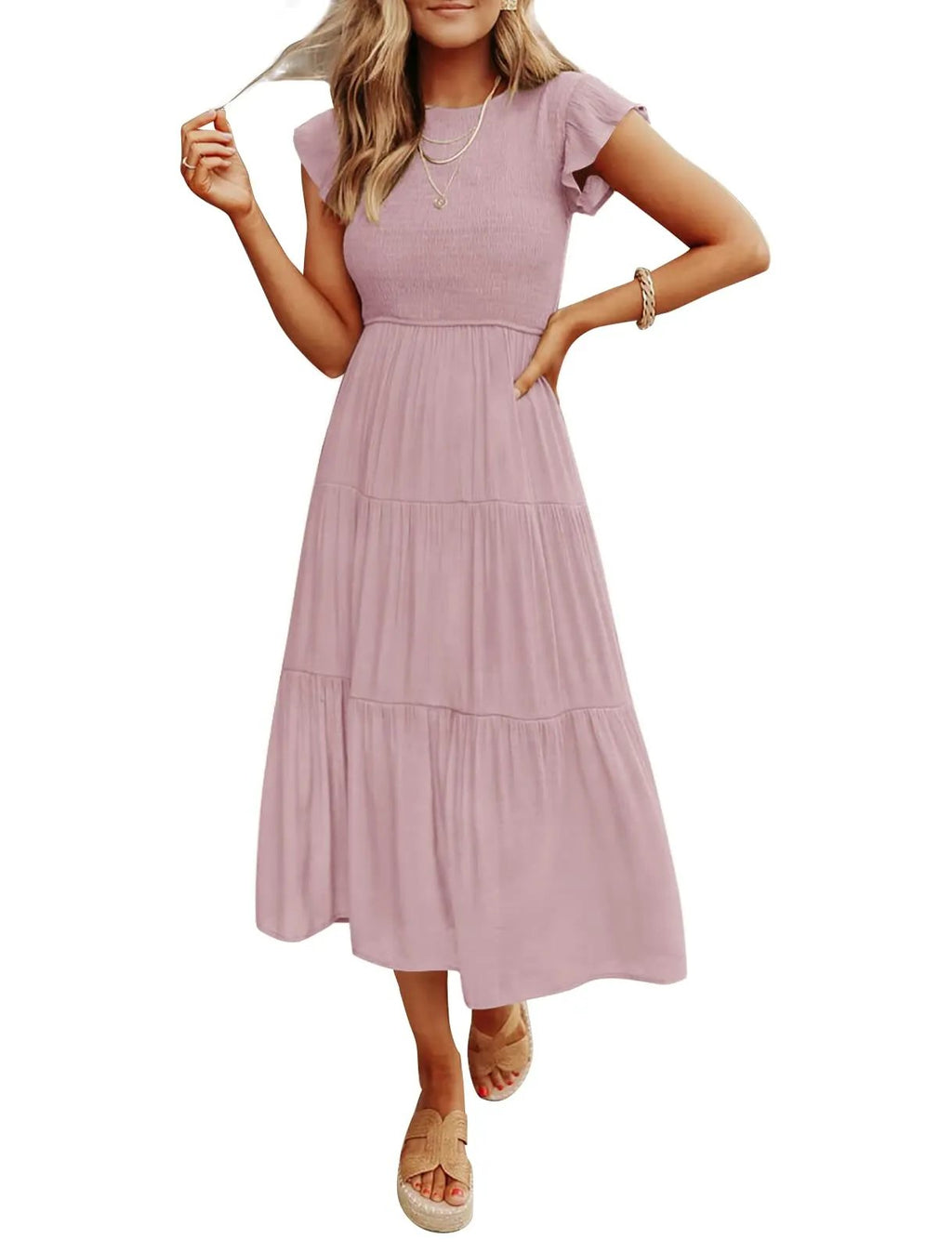 Smocked Bodice Flutter Sleeve Tiered A-Line Midi Dress