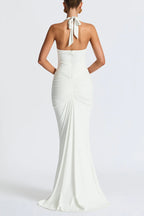 Solid Color Elegant Halterneck V-neck Open Back Tie Gathered Maxi Dress