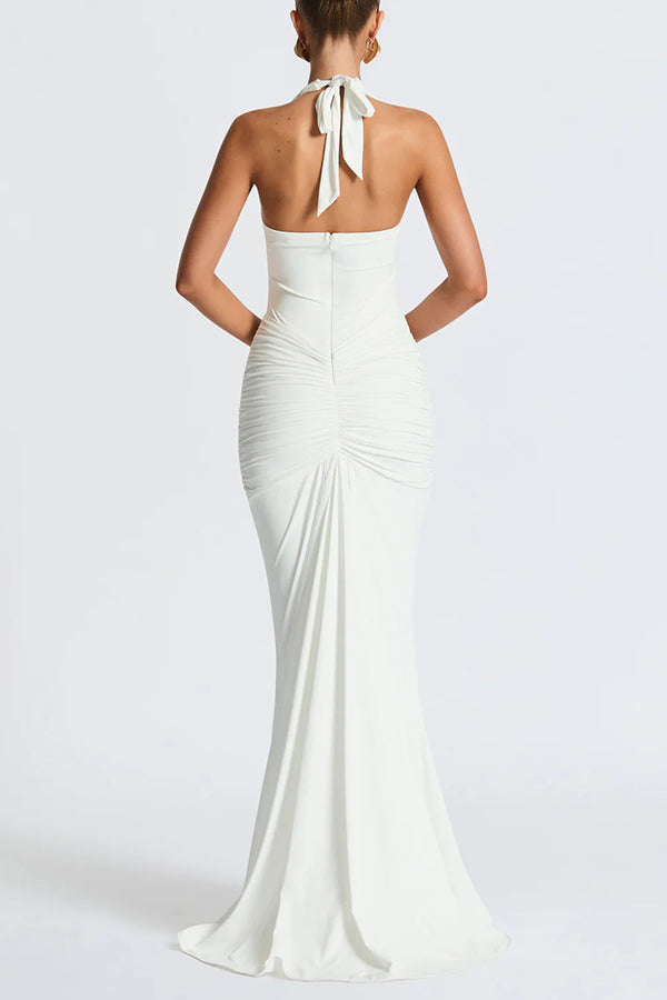 Solid Color Elegant Halterneck V-neck Open Back Tie Gathered Maxi Dress