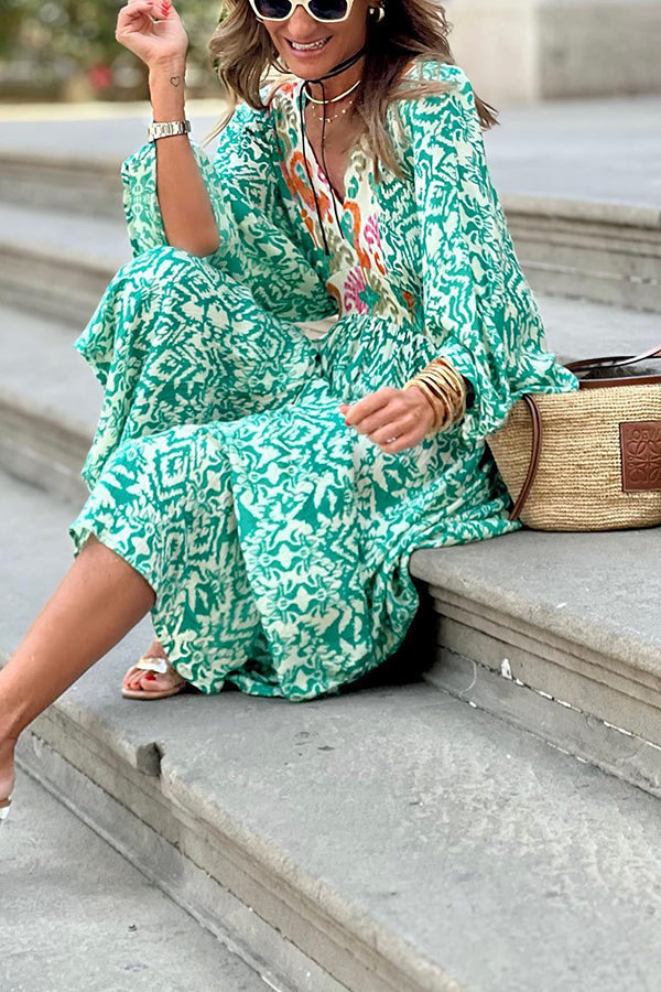 Ikat Print Deep V-Neck Bell Sleeve Tie Back Maxi Dress