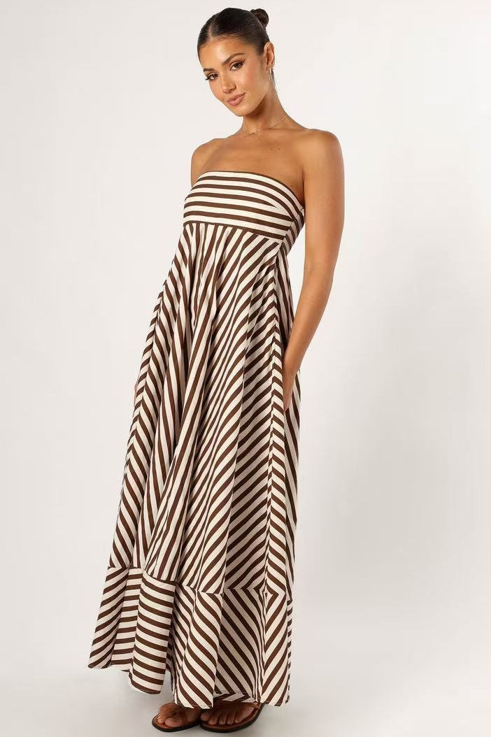 Brown Strapless Horizontal Diagonal Stripe Mitered A Line Maxi Dress