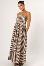 Brown Strapless Horizontal Diagonal Stripe Mitered A Line Maxi Dress