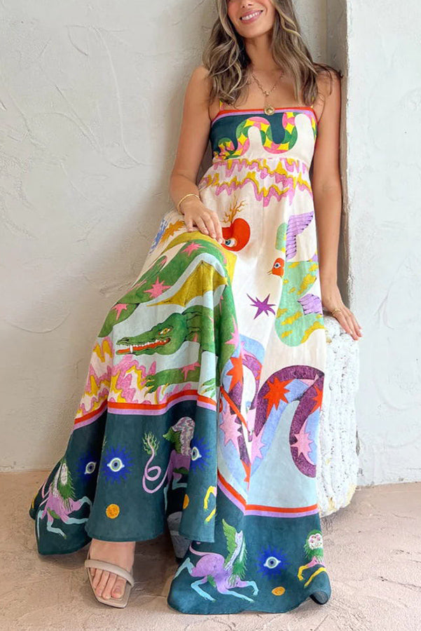 Mythical Creature Print Spaghetti Strap Empire Waist Maxi Dress