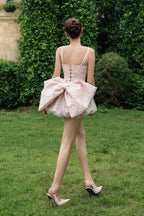 Pink Spaghetti Strap Corset Lace Trim Bubble Skirt Bow Back Mini Dress
