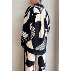 Black and white printed lapel loose two-piece set