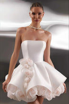 Elegant Satin Bandeau Flower Ball Gown Reception Dress