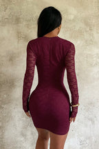 Floral Lace Deep V-Neck Cut Out Long Sleeve Bodycon Mini Dress
