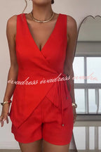 Solid Color Casual Sleeveless V-neck Top and Loose Shorts Set