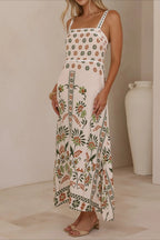 Square Neck Lace Trim Empire Waist Geometric Floral Border Maxi Dress