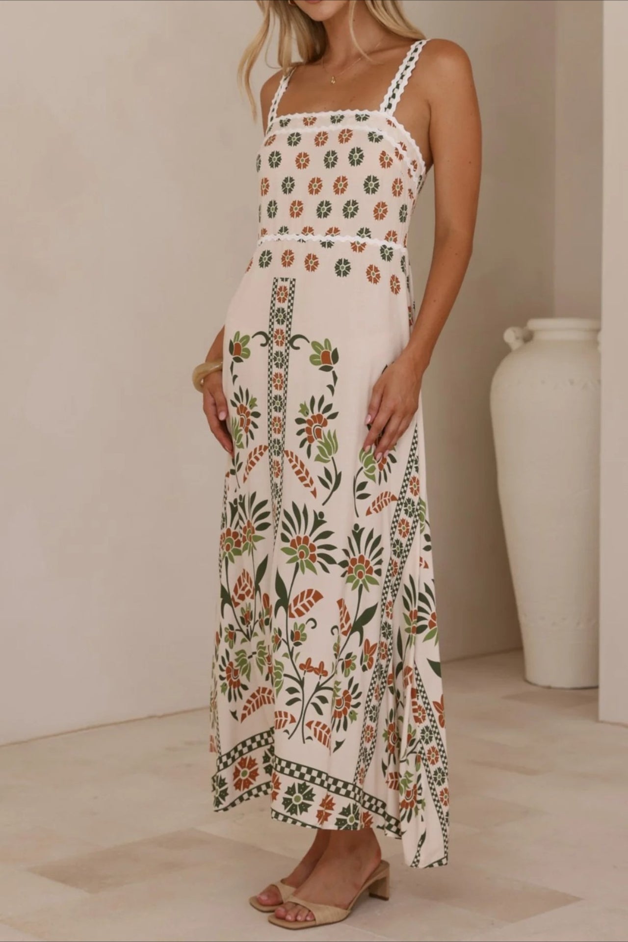 Square Neck Lace Trim Empire Waist Geometric Floral Border Maxi Dress