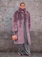 Faux Fur Coat With Notched Lapel Solid Color Eco-friendly Winter Long Jacket For Women 2026