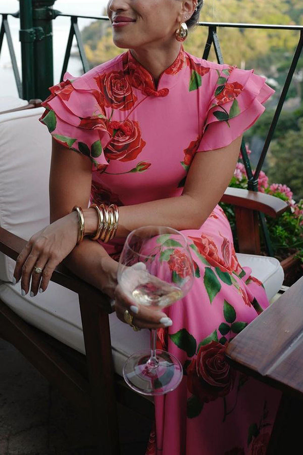 Elegant party cheongsam style rose print layered flared sleeve elastic long skirt