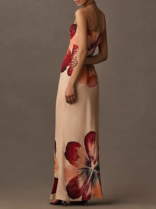 Floral Print Strapless Column Maxi Dress