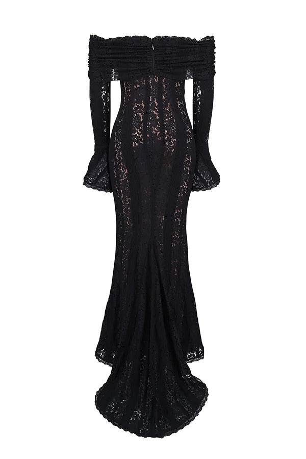 | Off Shoulder Floral Lace Flared Sleeve Fishtail Maxi Dress - White