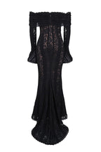 | Off Shoulder Floral Lace Flared Sleeve Fishtail Maxi Dress - White