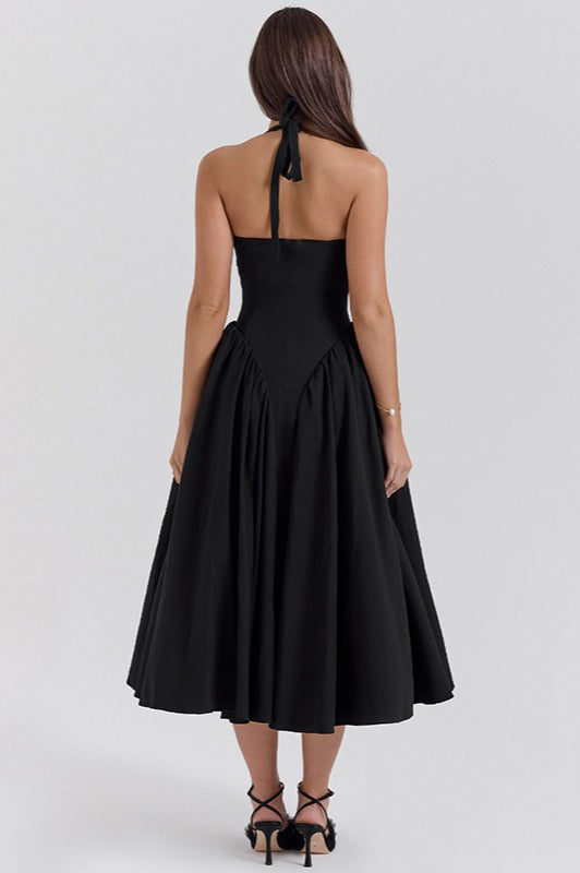 Black Halter Backless Tie Dress
