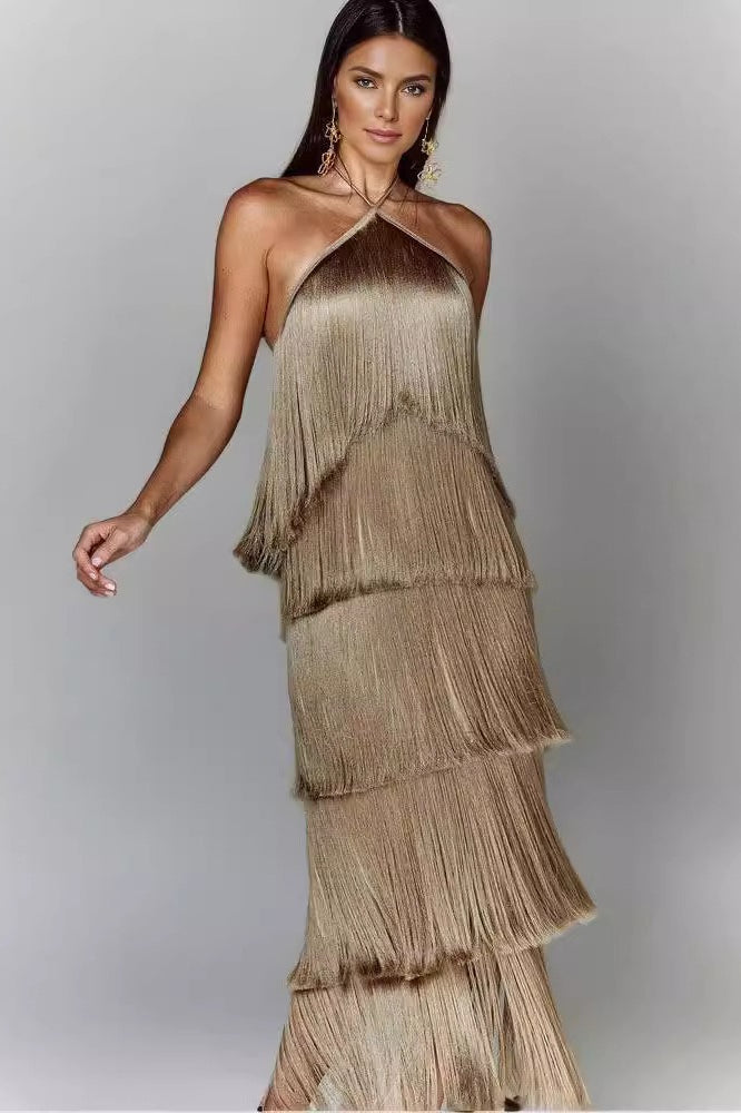 Halter Neck Tiered Fringe Midi Dress