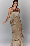 Halter Neck Tiered Fringe Midi Dress