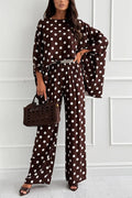 Verne Linen Blend Polka Dot Batwing Sleeve Top and Elastic Waist Pocket Loose Pants Set