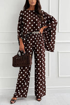 Verne Linen Blend Polka Dot Batwing Sleeve Top and Elastic Waist Pocket Loose Pants Set