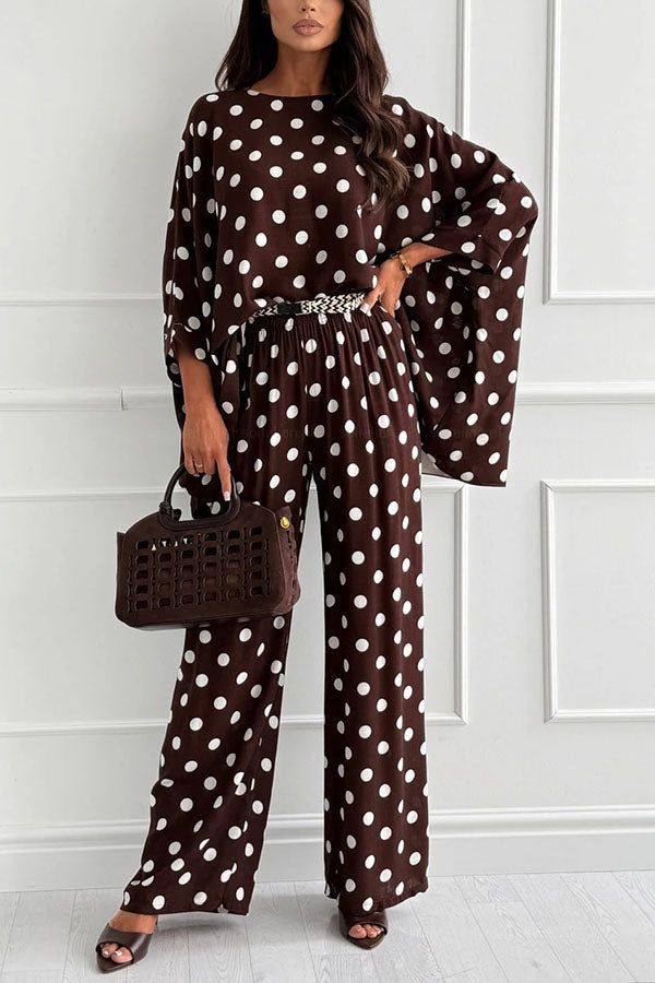 Verne Linen Blend Polka Dot Batwing Sleeve Top and Elastic Waist Pocket Loose Pants Set